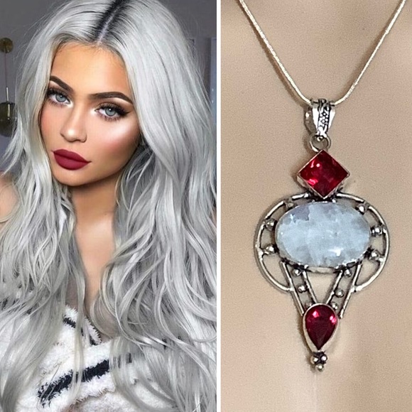 🌺 VICTORIAN MOONSTONE RED RUBY NECKLACE PENDANT CELTIC GEM CRYSTAL VAMPIRE CHIC - Picture 10 of 10